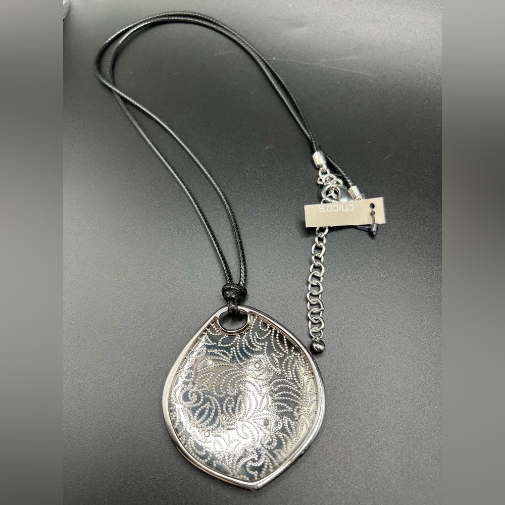Chico's Black Cord Necklace Silver Tone Reversible Pendant